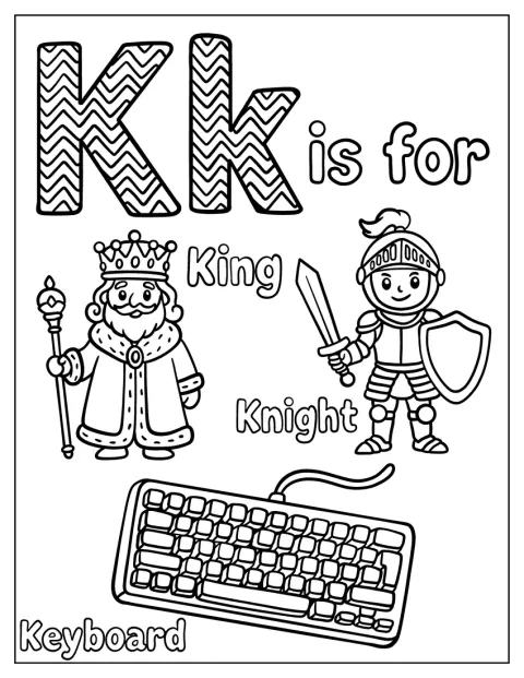 Un roi, un chevalier et un clavier illustrent la lettre K.