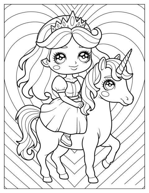 Eine Chibi-Prinzessin reitet vor einem Hintergrund voller Herzen auf einem Einhorn.
