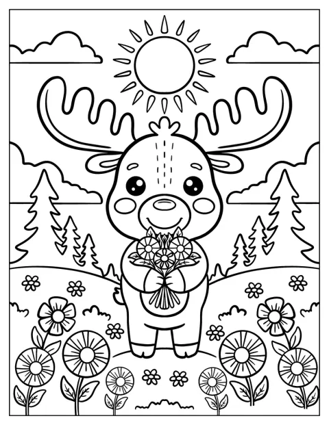 Un alce kawaii tiene un mazzo di fiori in un prato.