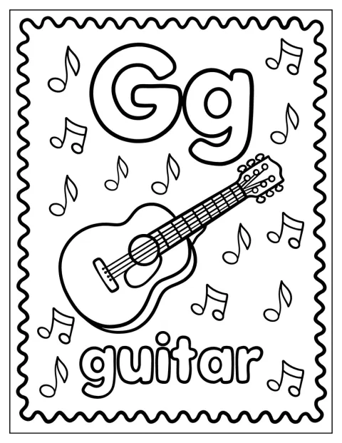 Gの文字のそばにアコースティックギターがあり、音符が浮かんでいます。