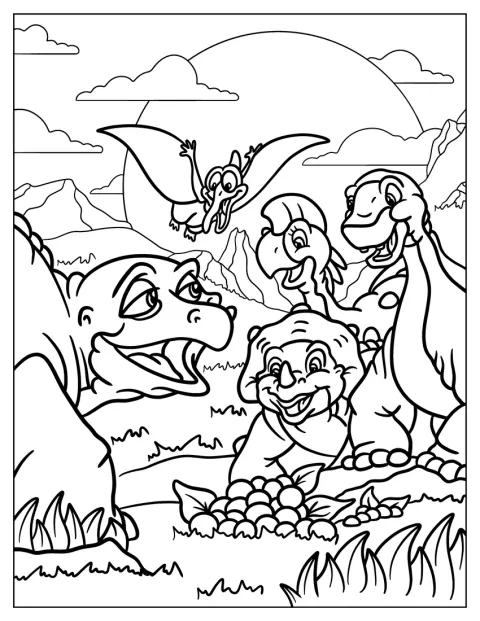 Spike, Littlefoot, Cera, Petrie y Ruby están juntos en la montaña.