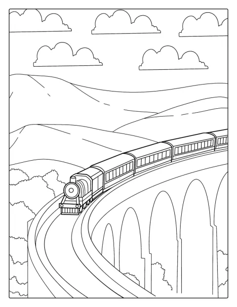 Hogwarts Express kör över en stenbro bland bergen.