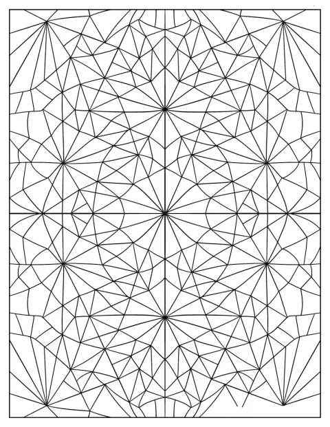 Vormen en lijnen vormen samen een wild, geometrisch patroon.