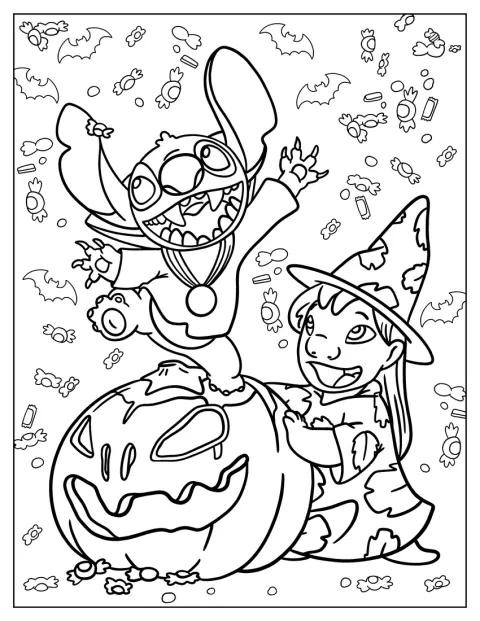 Disney Halloween Coloring Page Of Lilo And Stitch Wearing Witch’s Hat With Jack O Lantern