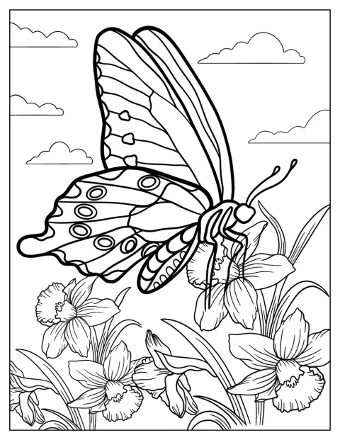 Un macaón descansa sobre una flor con las alas abiertas.