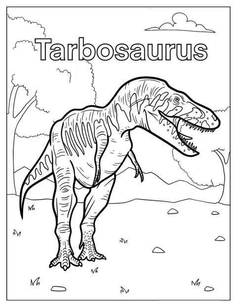 Een gestreepte Tarbosaurus staat midden in de natuur.