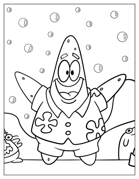 Patrick Star usa uma camisa havaiana e calções.