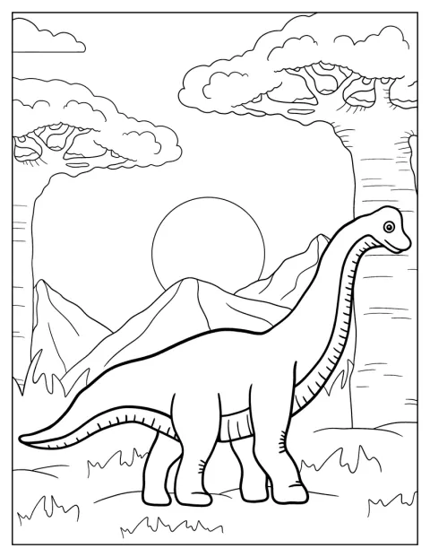 ブラキオサウルスが長い首を伸ばして立っています。