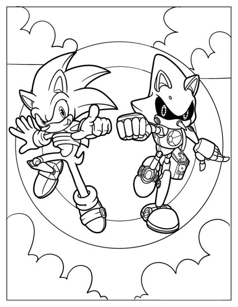 Sonic slår ud i luften, mens Metal Sonic står ved siden af.