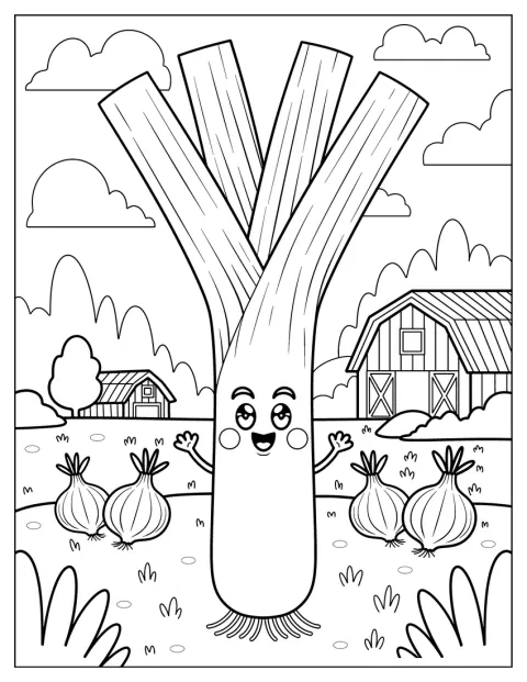 Egy rajzfilmszerű póréhagyma integet a zöldségeskertben.