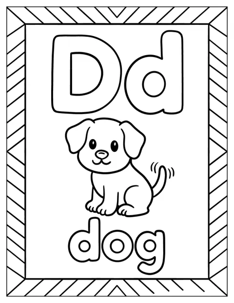 En hund visas bredvid bokstaven D på ett enkelt bildkort.