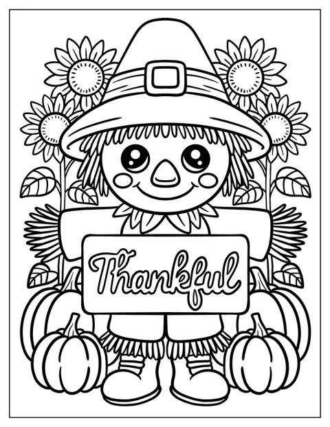 Et fugleskræmsel står omgivet af græskar og solsikker.