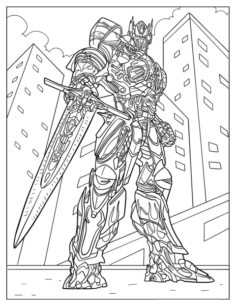 Optimus Prime tient l’Épée du Jugement, mise en valeur par son armure détaillée.