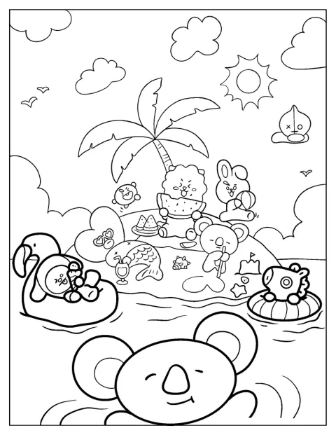 RJ, Tata, Chimmy, Cooky, Koya, Shooky, Mang und Van verbringen Zeit am Strand.