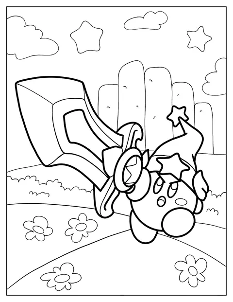 Kirby hatalmas kardot emel a feje fölé.