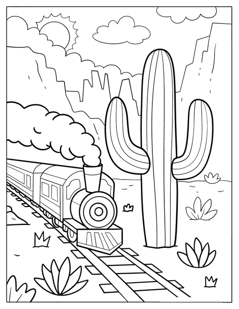 Un train à vapeur passe près d’un cactus géant dans le désert.