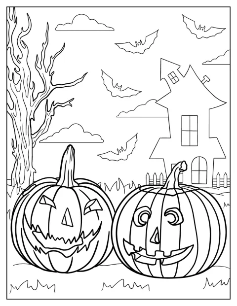 Duas abóboras esculpidas apresentam rostos diferentes.