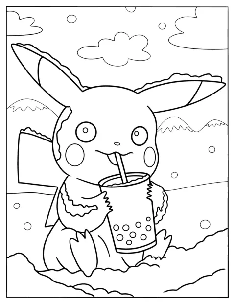 Pikachu zasypaný sněhem popíjí bubble tea.