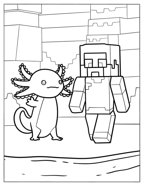 Un axolotl se tient debout à côté de Steve, le personnage de Minecraft.