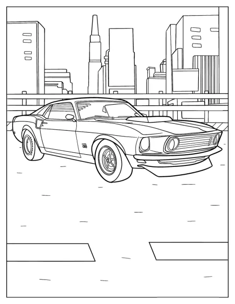 Um Ford Mustang Boss 429 está estacionado numa rua.