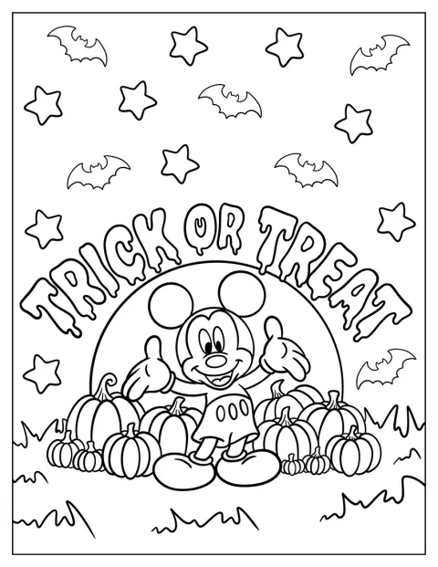Mickey Mouse posa entre calabazas junto a las palabras «truco o trato».
