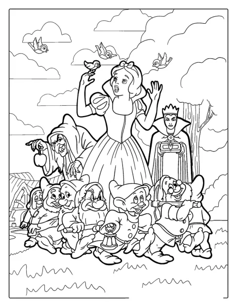 Blancanieves aparece con los siete enanitos y la malvada reina.