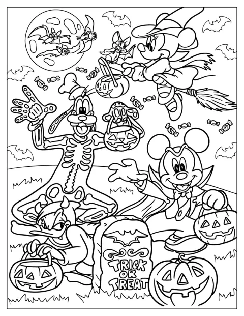 Miki, Minnie i Goofy świętują Halloween w przebraniach.
