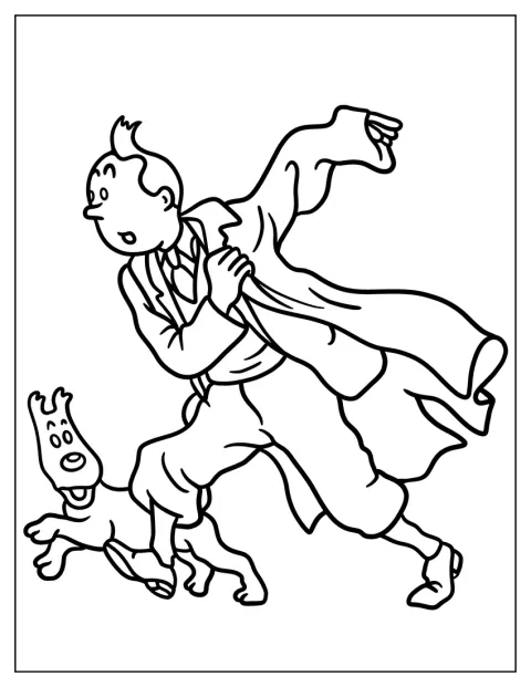 Snowy Watching Tintin Coloring Page Run While Slipping On His Coat For Kids