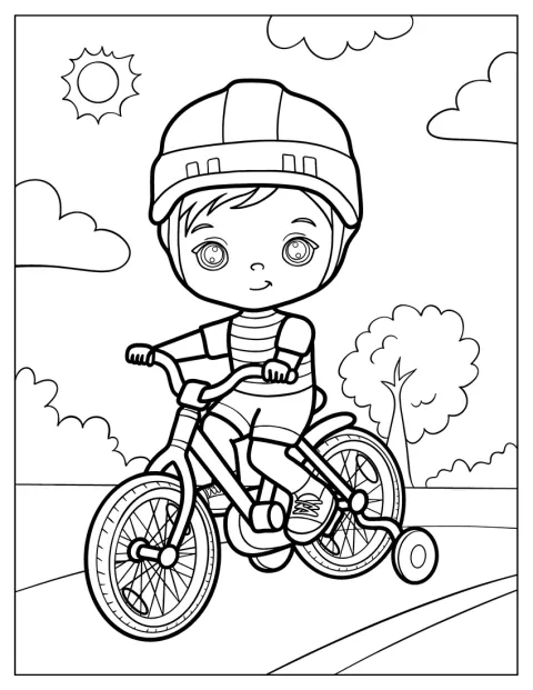 Ein kleiner Junge fährt mit Stützrädern auf seinem Fahrrad.