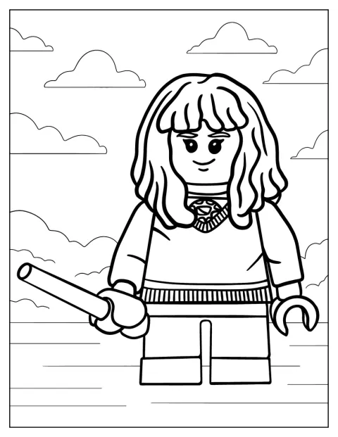 Hermione Granger varázslóköpenyben és pálcával jelenik meg.