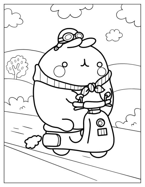 Molang fährt mit einem Roller über den Weg.