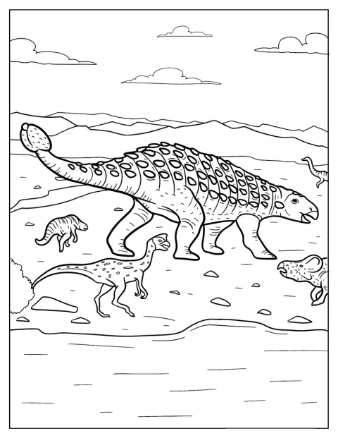 Egy Ankylosaurust több kisebb dinoszaurusz vesz körül.