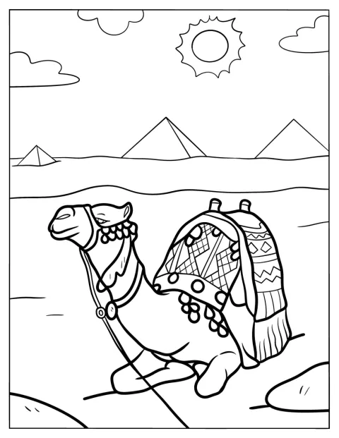 En kamel vilar på sanden med pyramider i bakgrunden.