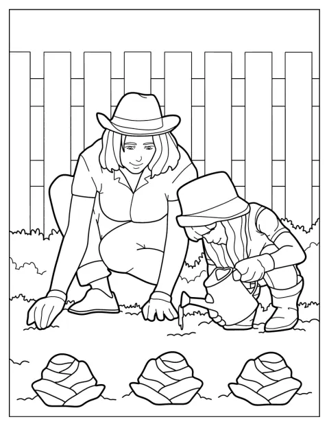 Uma mãe e a filha semeiam juntas a terra do jardim.