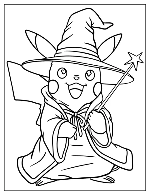 Pikachu segura uma varinha, com traje de mago.