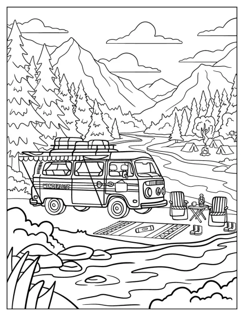 「Wanderlust」と書かれたキャンピングカーが、山の湖畔に停まっています。