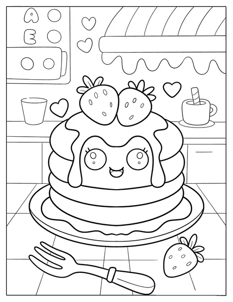 Kawaii Strawberry Pancake Coloring Page Stack in Cute Café with Hearts and Fork for Preschoolers