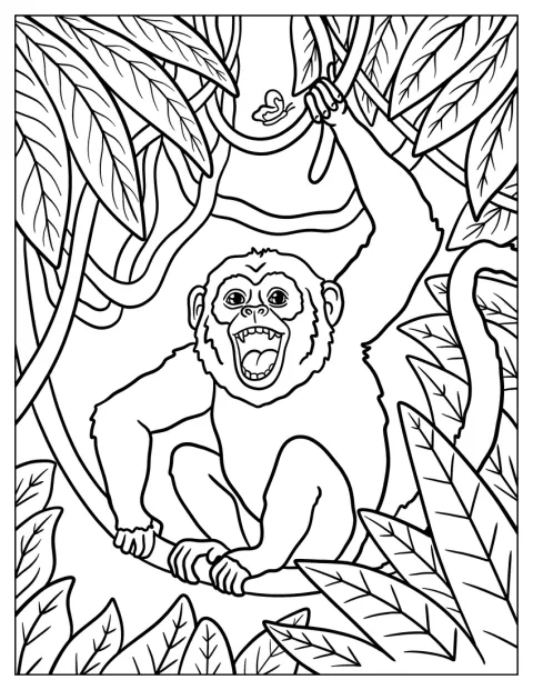 Realistic Laughing Monkey Coloring Page on a Tree Branch