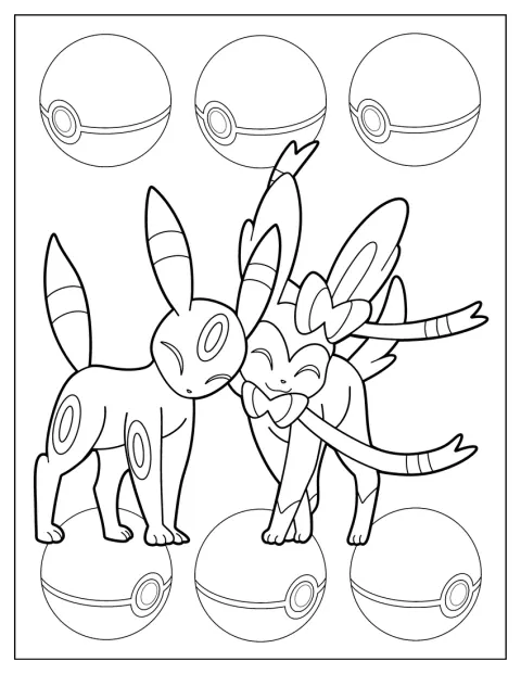 Umbreon e Sylveon encostam as cabeças, rodeados pelas suas fitas.