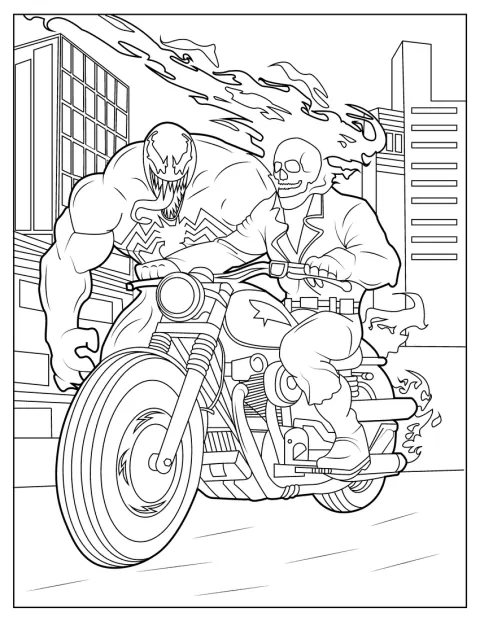 Ghost Rider e Venom enfrentam-se nas ruas de uma cidade.