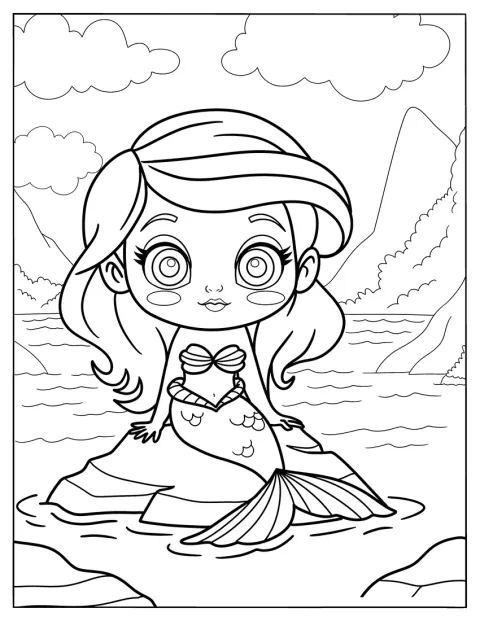 Den lille havfruen sitter på en stein ved havet.