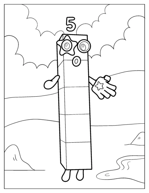 Med et smil danser Numberblocks 5.