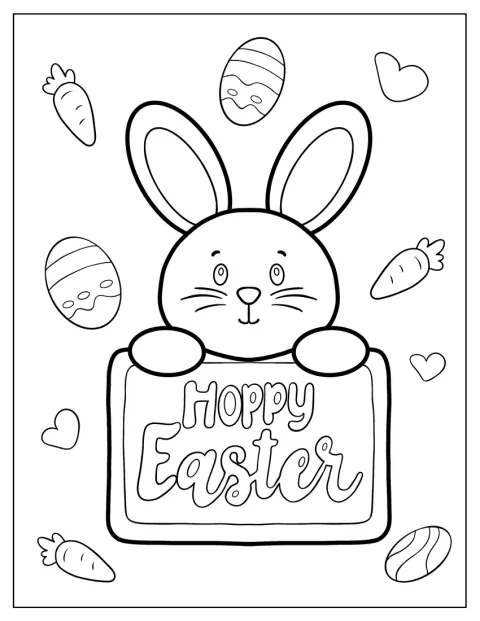Un coniglietto tiene un cartello con la scritta «Hoppy Easter».