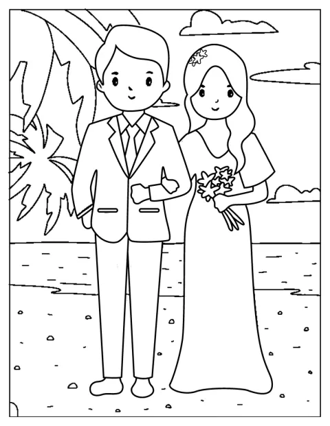 Una novia y un novio aparecen juntos en una ilustración sencilla.