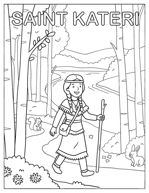 Kateri Tekakwitha loopt met een staf door het bos.