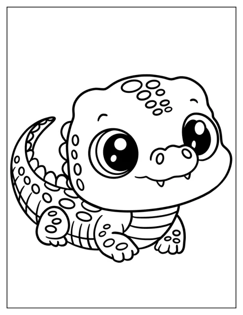 Un bébé crocodile sourit dans un dessin aux contours simples.