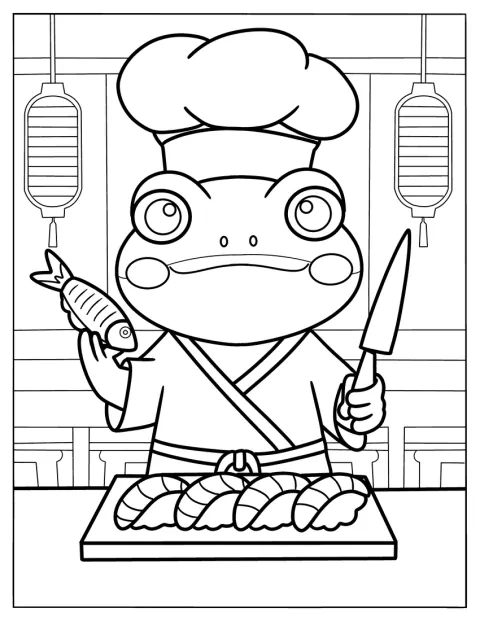 Chef Frog Coloring Page Making Sushi In The Kitchen