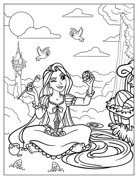 Rapunzel pinta huevos de Pascua en un claro del bosque.