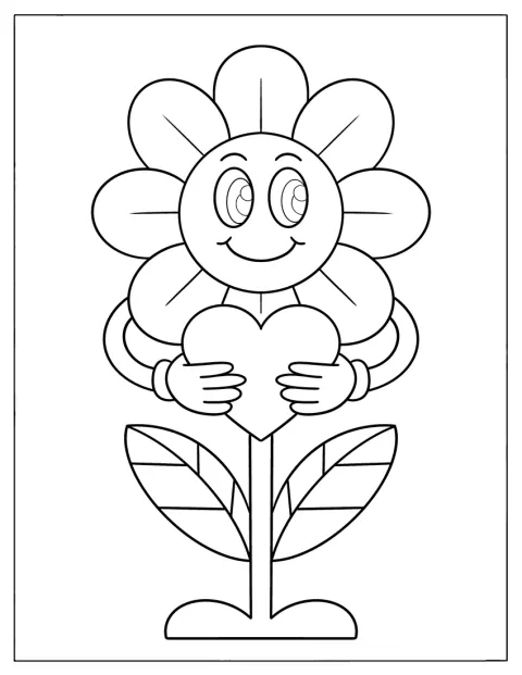 Flower Coloring Page of Cheerful Sunflower Holding a Love Heart for Preschoolers