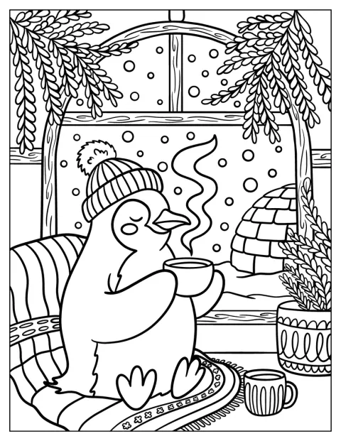 Dentro de um iglu, um pinguim bebe uma chávena de café.
